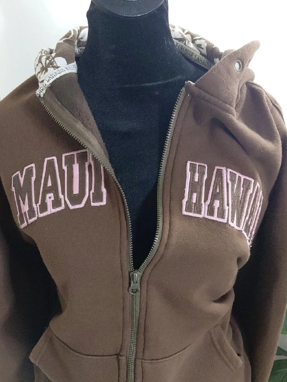 Maui Hawaii Brown Utility Zip-Up Jacket with Pink Lettering